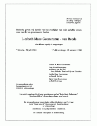 Overlijdenskaart D.E.W. (Liesbeth) MG-van Reede (1998)